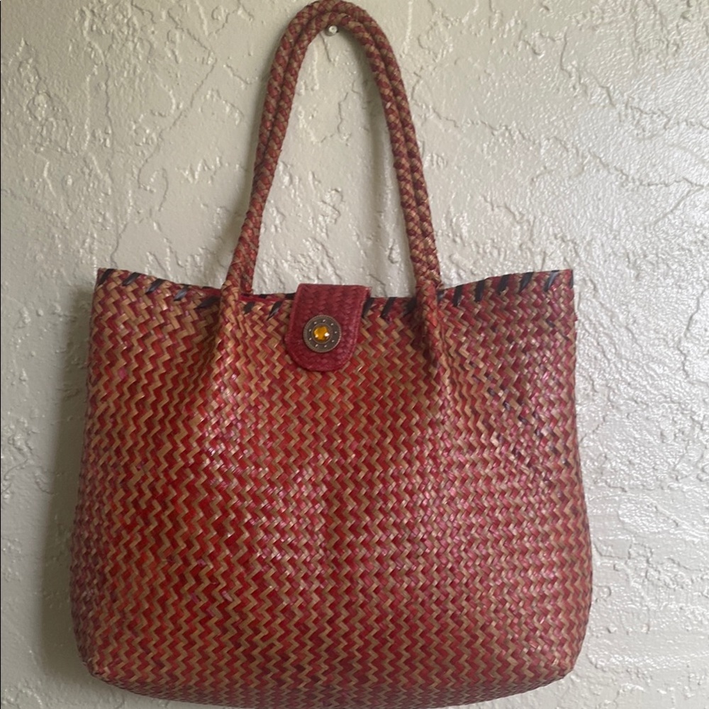 Spacious Red Woven Leather Tote